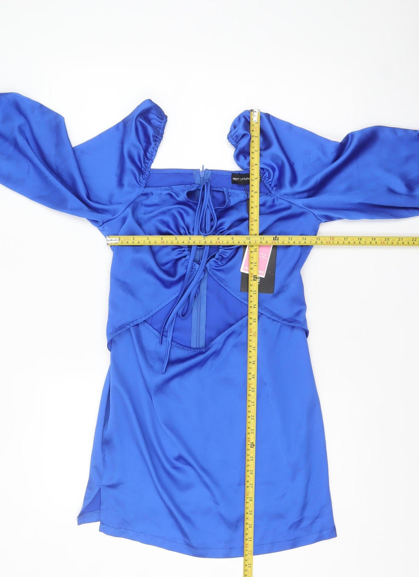 PrettyLittleThing Women’s Blue Satin Bodycon Dress UK 14 Long Sleeve