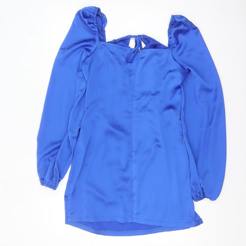 PrettyLittleThing Women’s Blue Satin Bodycon Dress UK 14 Long Sleeve
