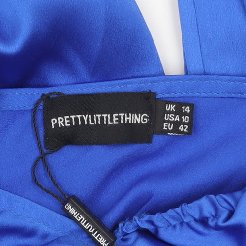 PrettyLittleThing Women’s Blue Satin Bodycon Dress UK 14 Long Sleeve