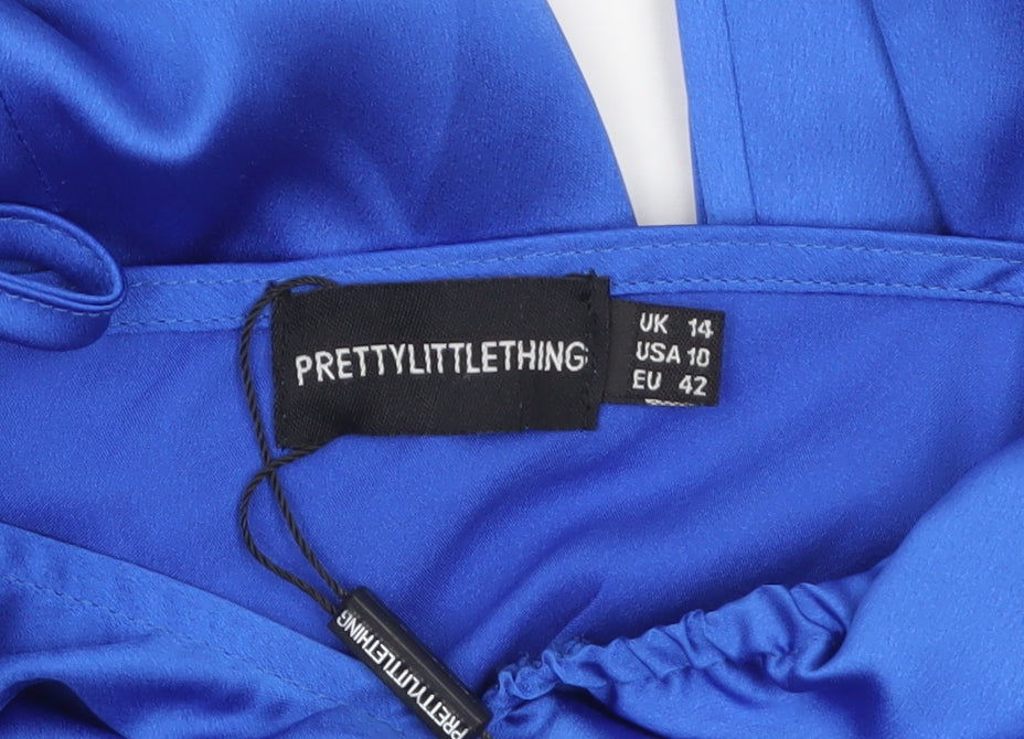PrettyLittleThing Women’s Blue Satin Bodycon Dress UK 14 Long Sleeve