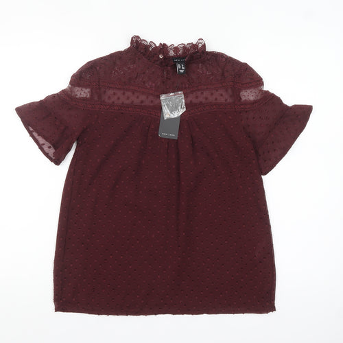 New Look Women’s Red Lace High Neck Short Sleeve Blouse Size 6