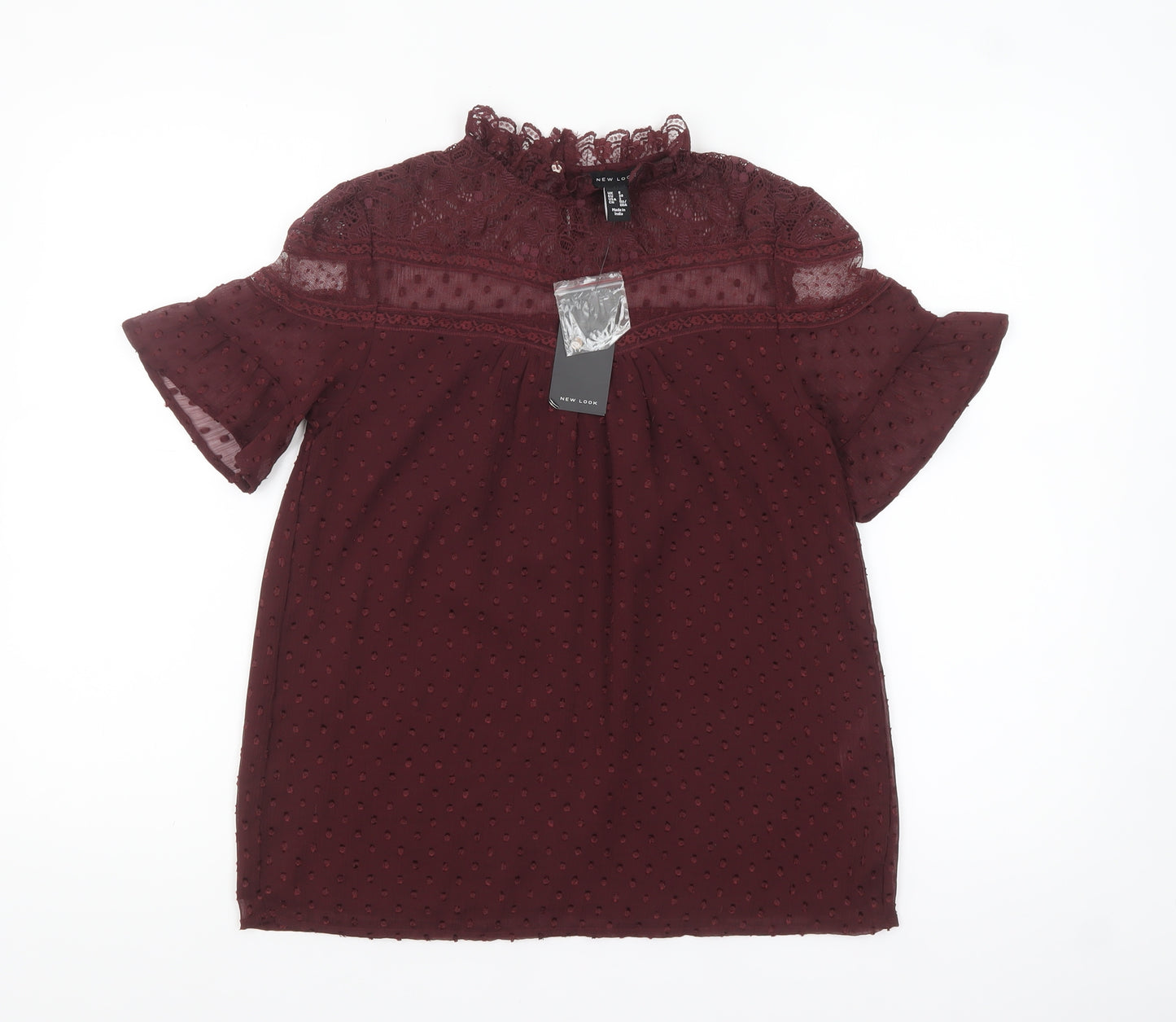 New Look Women’s Red Lace High Neck Short Sleeve Blouse Size 6