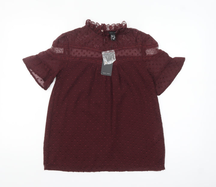 New Look Women’s Red Lace High Neck Short Sleeve Blouse Size 6