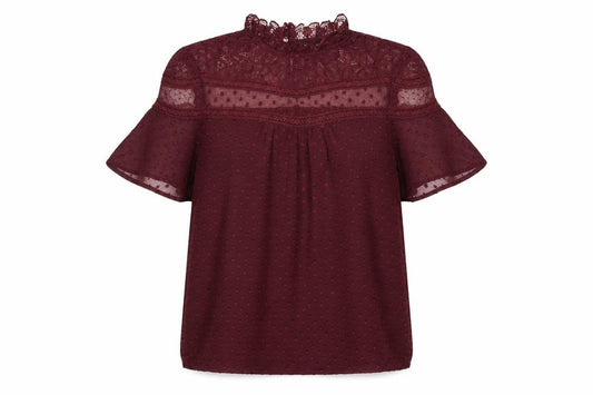 Front view of New Look Women’s Red Lace High Neck Short Sleeve Blouse, size UK 6