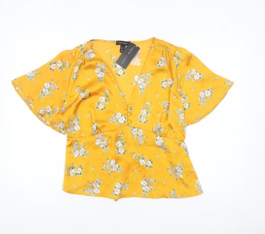 New Look Women's Yellow Floral Wrap Blouse Size 18 Short Sleeve