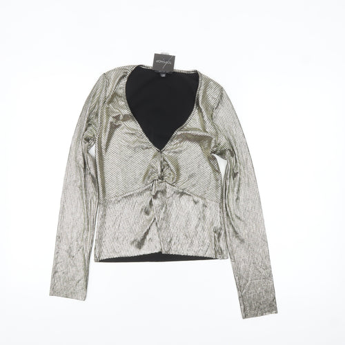 Topshop Womens Gold Metallic Wrap Blouse Size 4 Long Sleeve Party Top