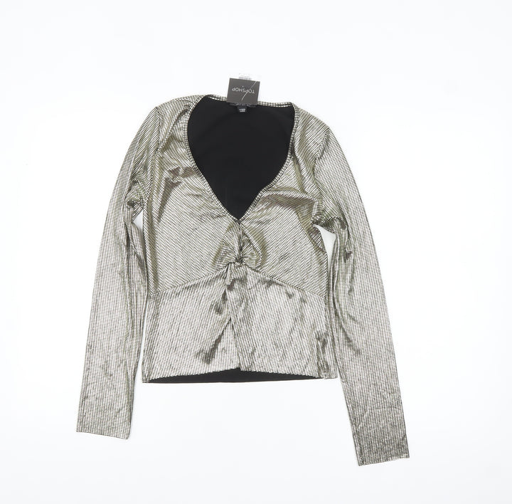 Topshop Womens Gold Metallic Wrap Blouse Size 4 Long Sleeve Party Top