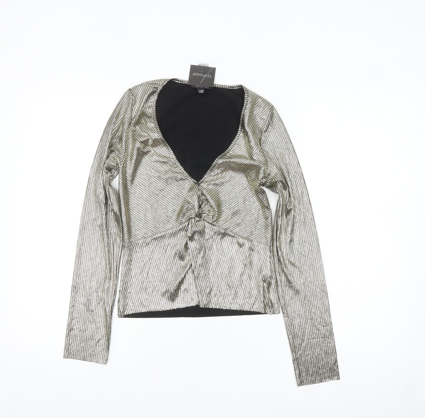 Topshop Womens Gold Metallic Wrap Blouse Size 4 Long Sleeve Party Top