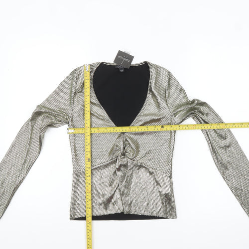 Topshop Womens Gold Metallic Wrap Blouse Size 4 Long Sleeve Party Top