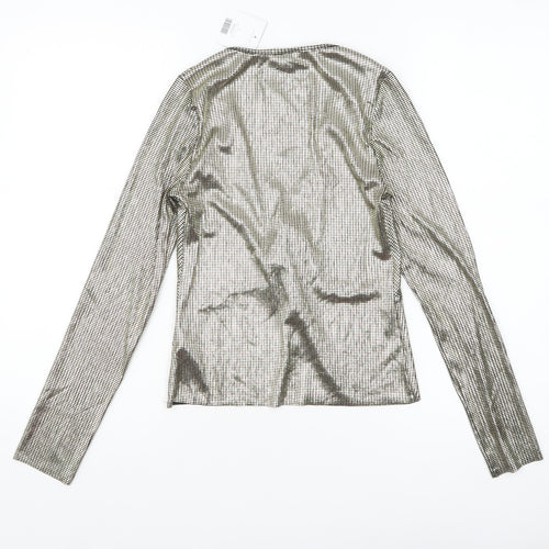Topshop Womens Gold Metallic Wrap Blouse Size 4 Long Sleeve Party Top