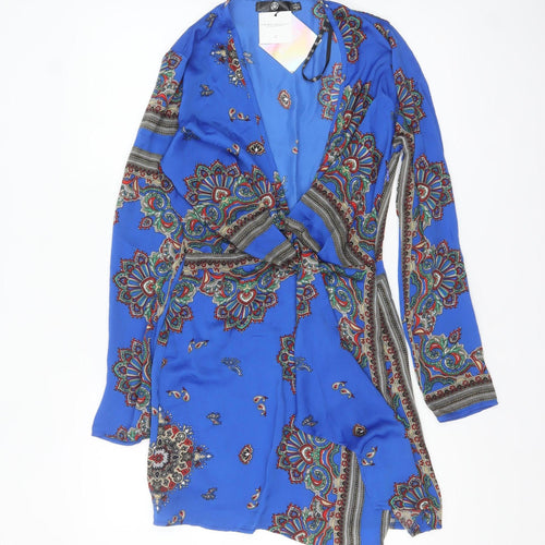 Motel Women Blue Paisley Wrap Dress UK 6 Long Sleeve Boho Style