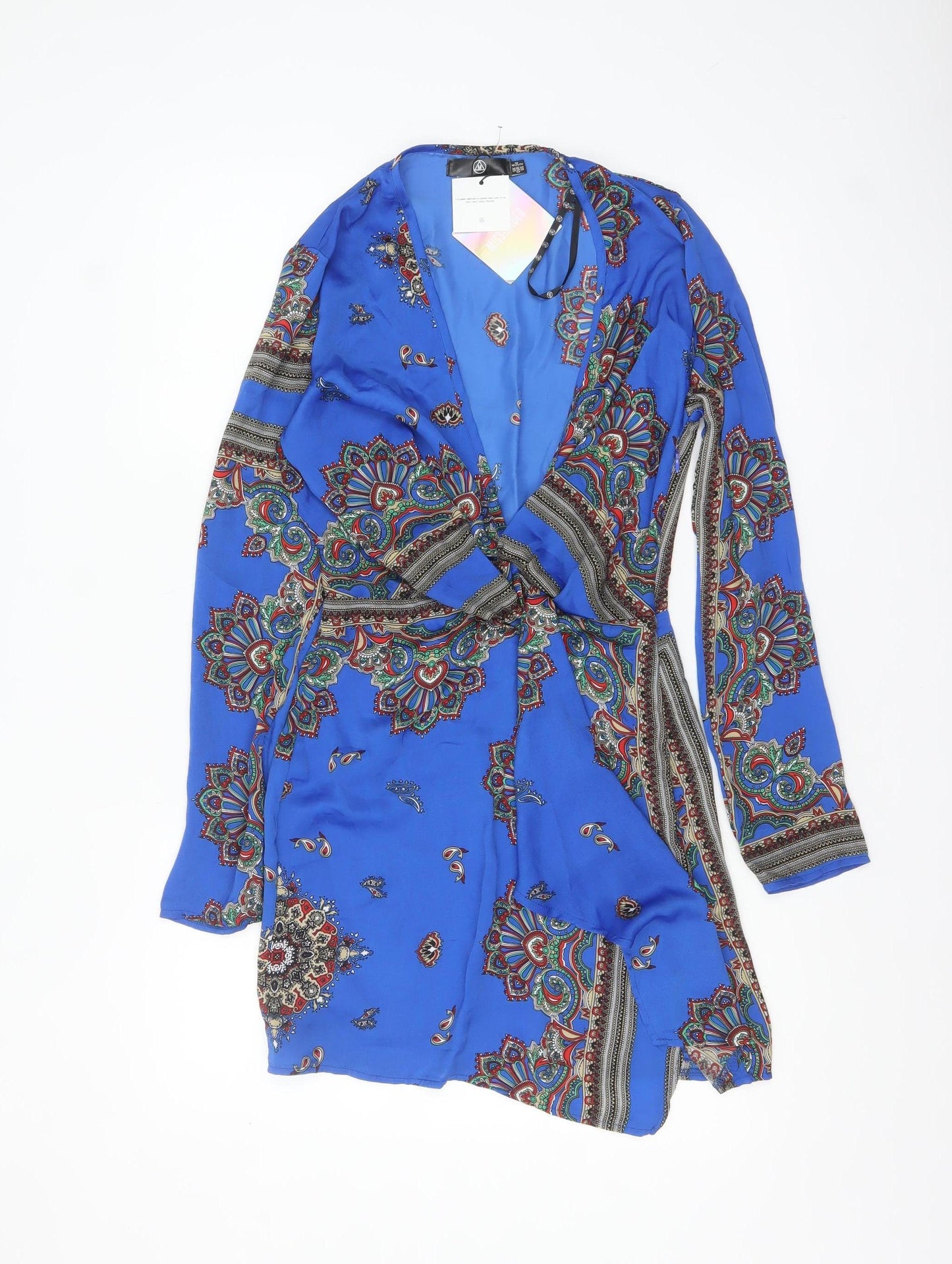 Motel Women Blue Paisley Wrap Dress UK 6 Long Sleeve Boho Style