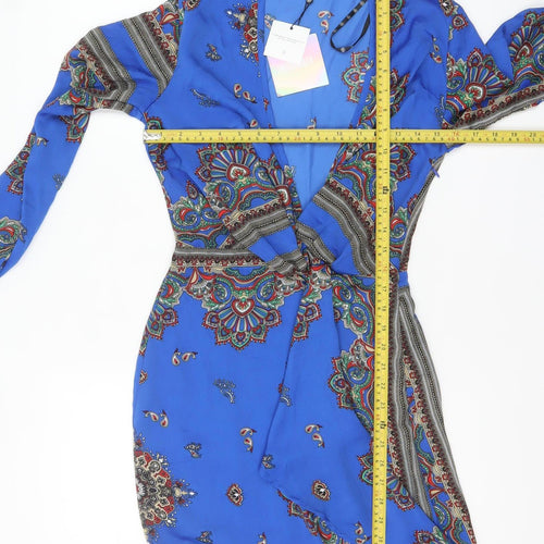 Motel Women Blue Paisley Wrap Dress UK 6 Long Sleeve Boho Style