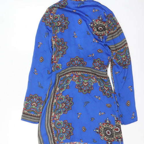Motel Women Blue Paisley Wrap Dress UK 6 Long Sleeve Boho Style