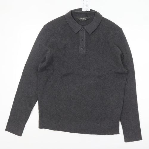 Primark Men's Grey Collared Henley Knit Jumper Size M