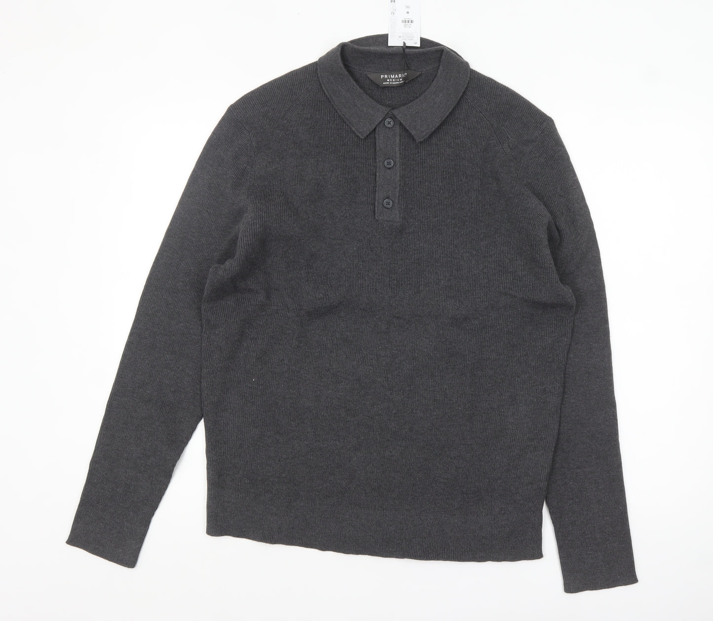 Primark Men's Grey Collared Henley Knit Jumper Size M