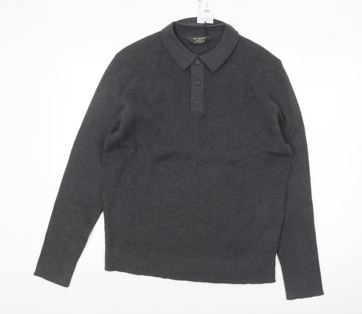 Primark Men's Grey Collared Henley Knit Jumper Size M