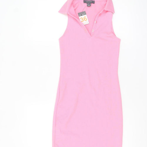 Primark Womens Pink Size 8 Sleeveless Collared Bodycon Knit Dress