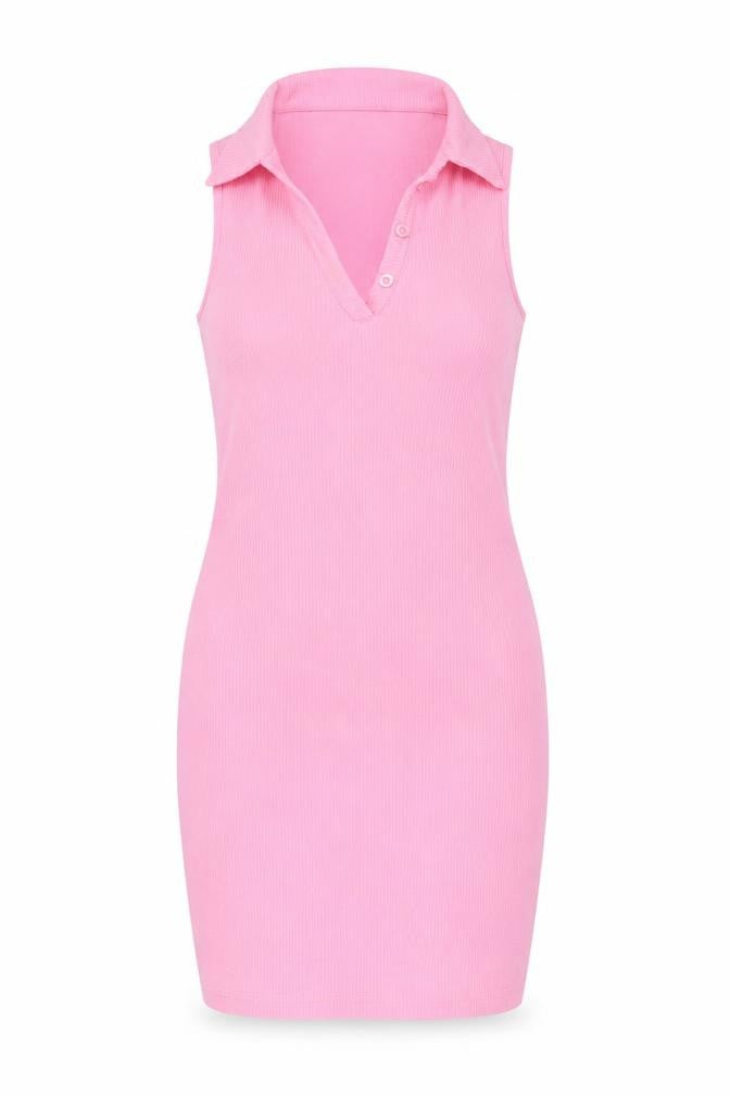 Front view of Primark women’s pink, size UK 8, sleeveless collared bodycon knit dress