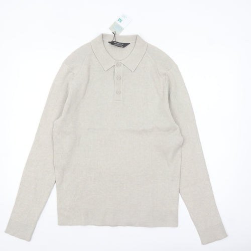 Primark Men Beige Collared Henley Jumper Medium