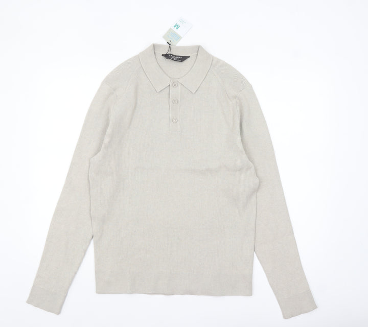 Primark Men Beige Collared Henley Jumper Medium