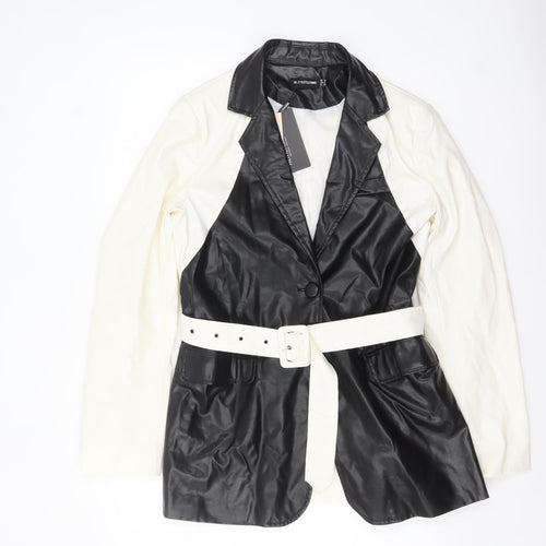 PrettyLittleThing Women's Black White Faux Leather Belted Blazer UK 10