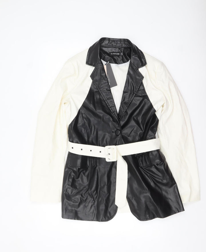 PrettyLittleThing Women's Black White Faux Leather Belted Blazer UK 10