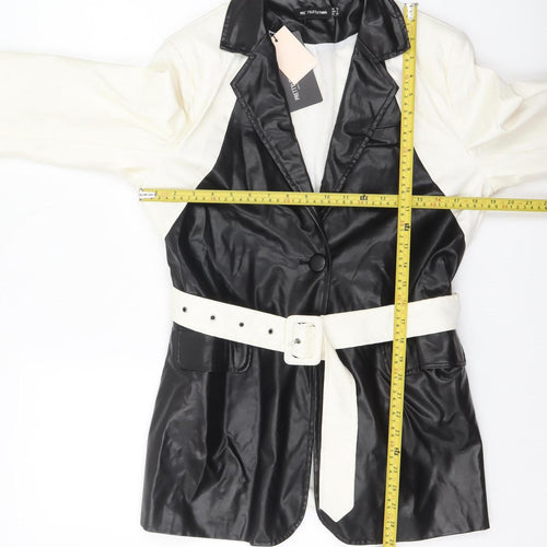 PrettyLittleThing Women's Black White Faux Leather Belted Blazer UK 10