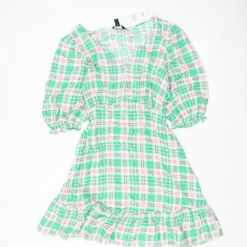 New Look Women's Multicoloured Check Puff Sleeve A-Line Dress Size 12