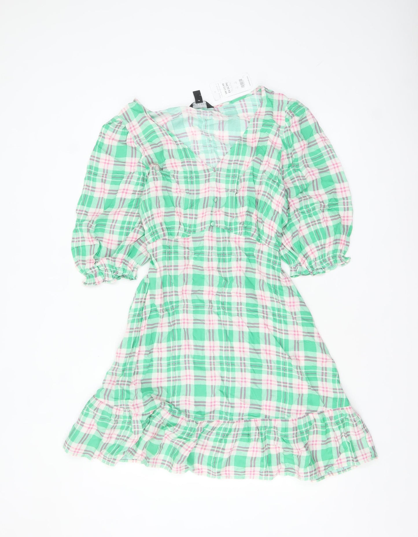 New Look Women's Multicoloured Check Puff Sleeve A-Line Dress Size 12