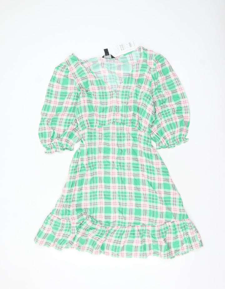 New Look Women's Multicoloured Check Puff Sleeve A-Line Dress Size 12