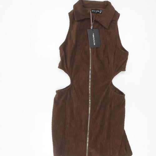 PrettyLittleThing Women Brown Corduroy Sleeveless Collared Bodycon Mini Dress Size 14