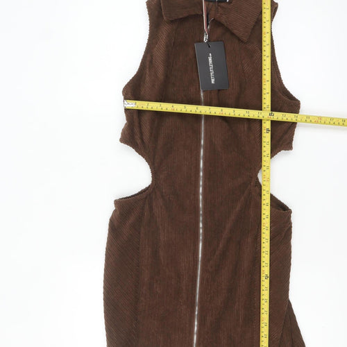 PrettyLittleThing Women Brown Corduroy Sleeveless Collared Bodycon Mini Dress Size 14