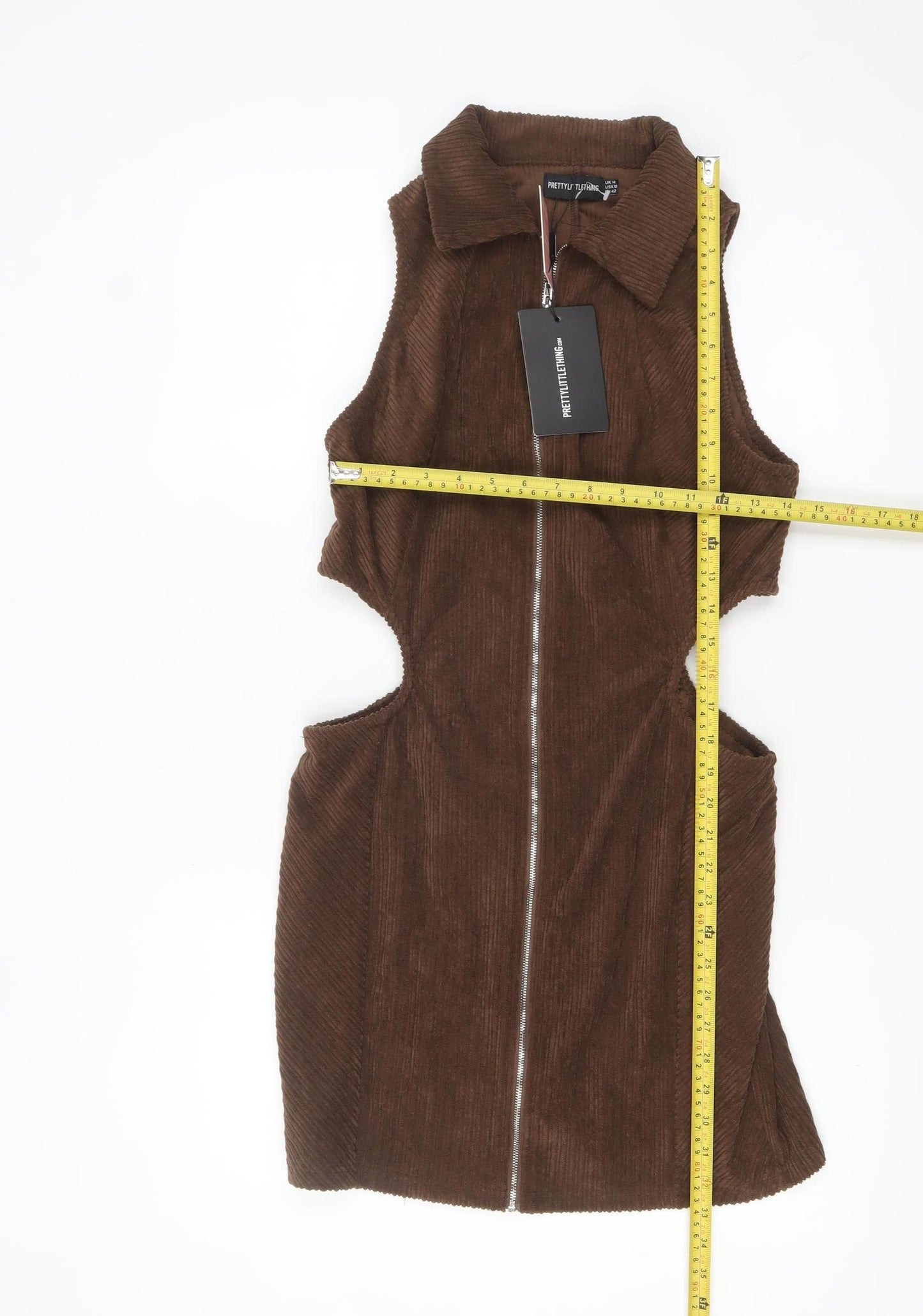 PrettyLittleThing Women Brown Corduroy Sleeveless Collared Bodycon Mini Dress Size 14