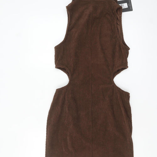 PrettyLittleThing Women Brown Corduroy Sleeveless Collared Bodycon Mini Dress Size 14