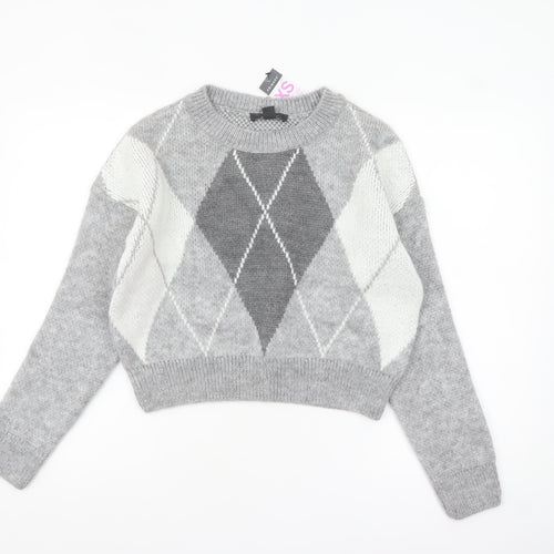 Primark Women’s Grey Argyle Knit Crew Neck Jumper XS