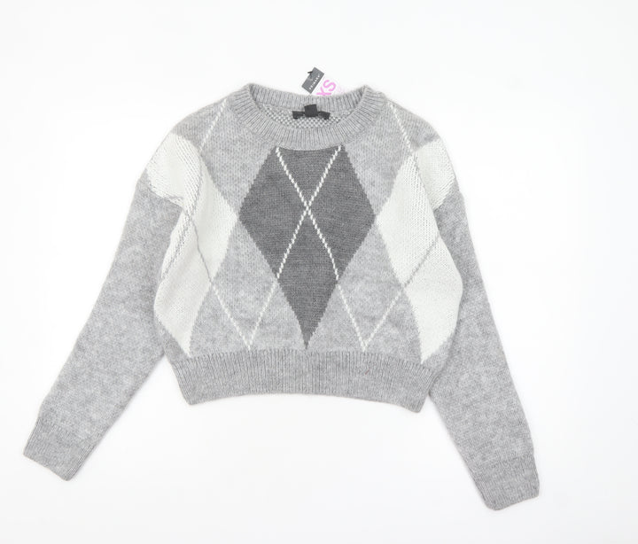 Primark Women’s Grey Argyle Knit Crew Neck Jumper XS