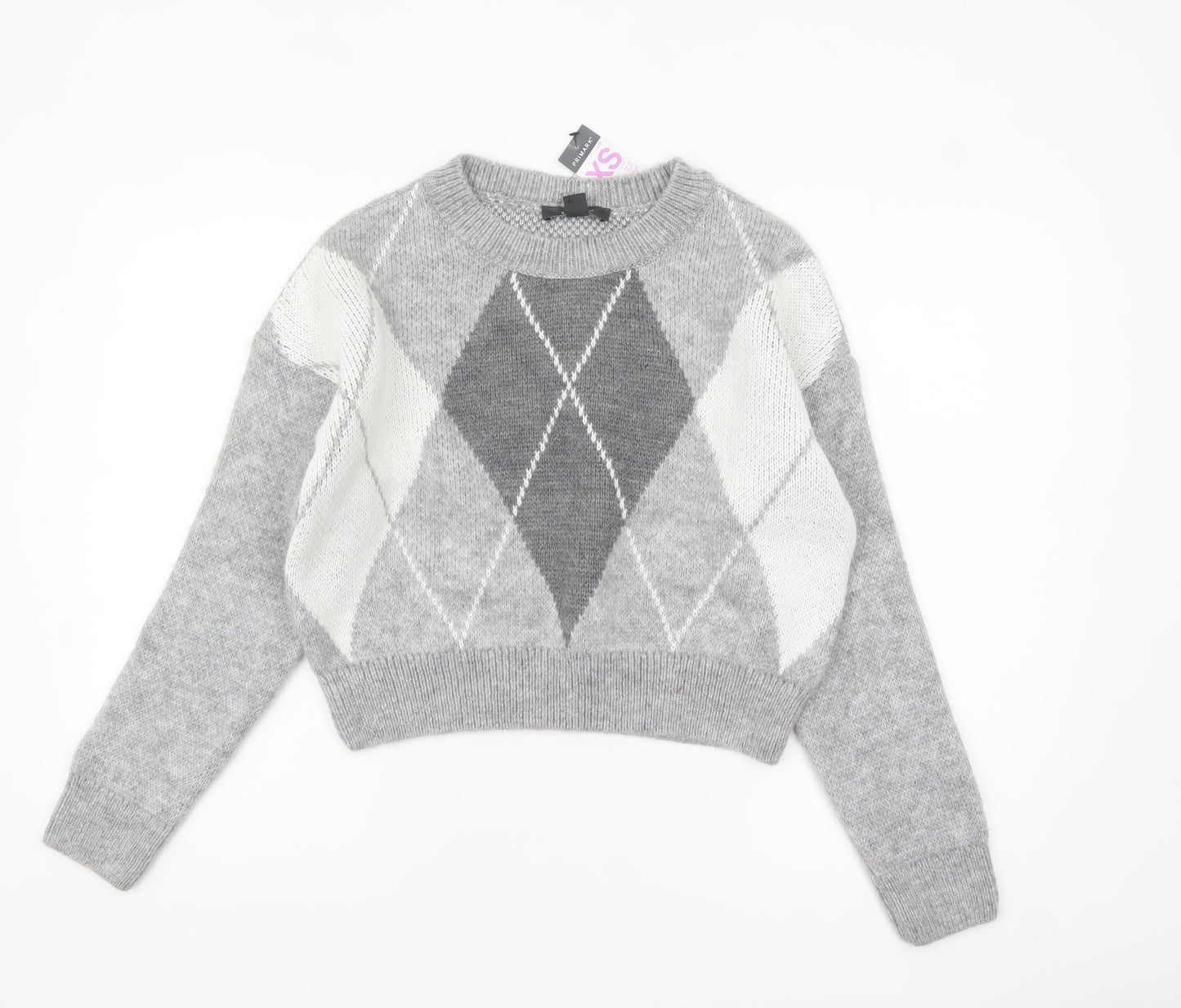 Primark Women’s Grey Argyle Knit Crew Neck Jumper XS