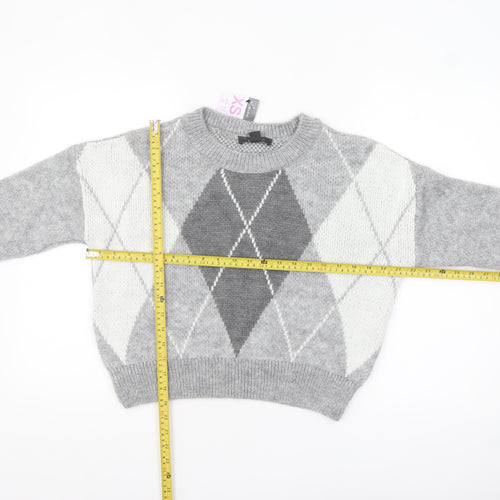 Primark Women’s Grey Argyle Knit Crew Neck Jumper XS
