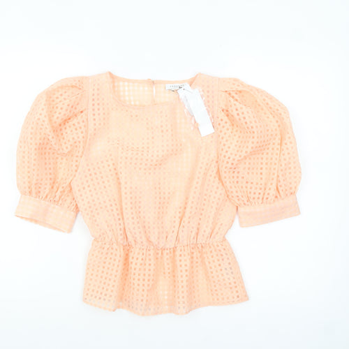 Topshop Women’s Peach Check Puff Sleeve Tunic Blouse UK 6