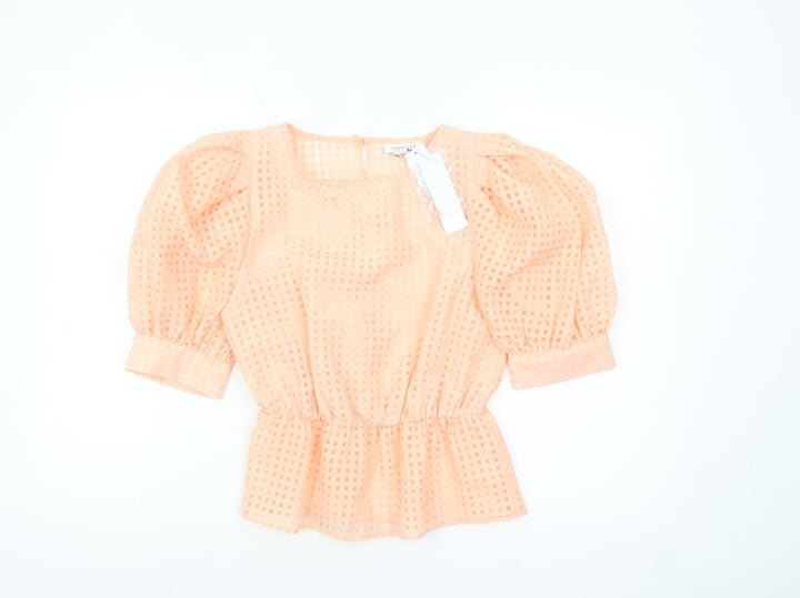 Topshop Women’s Peach Check Puff Sleeve Tunic Blouse UK 6
