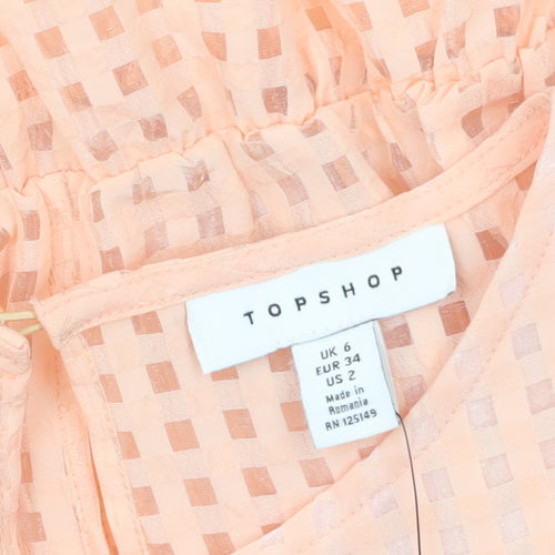 Topshop Women’s Peach Check Puff Sleeve Tunic Blouse UK 6