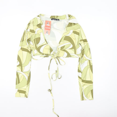 Boohoo Women's Green Geometric Cropped Tie Blouse UK 12