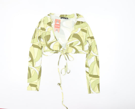 Boohoo Women's Green Geometric Cropped Tie Blouse UK 12