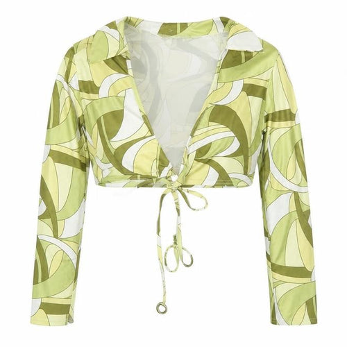 Boohoo Women's Green Geometric Cropped Tie Blouse UK 12