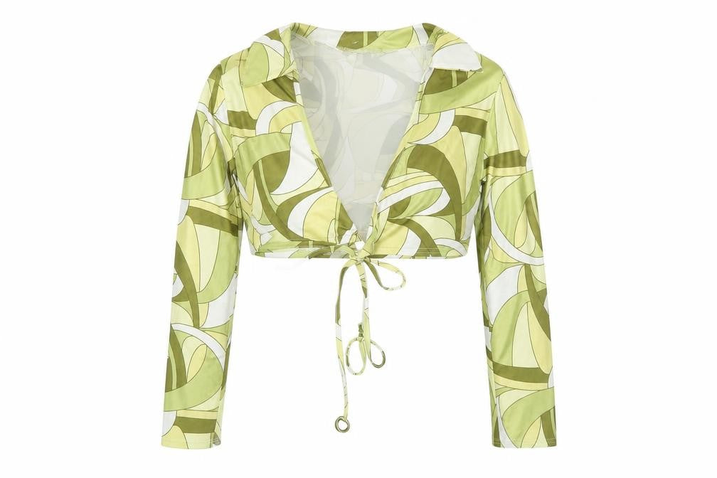 Boohoo Women's Green Geometric Cropped Tie Blouse UK 12
