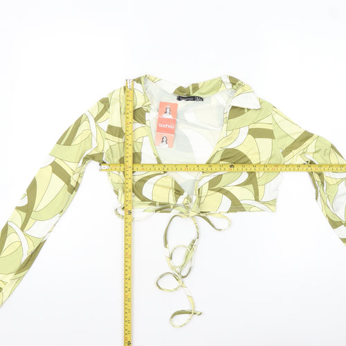Boohoo Women's Green Geometric Cropped Tie Blouse UK 12