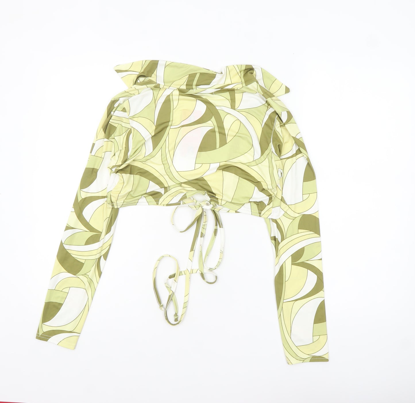 Boohoo Women's Green Geometric Cropped Tie Blouse UK 12