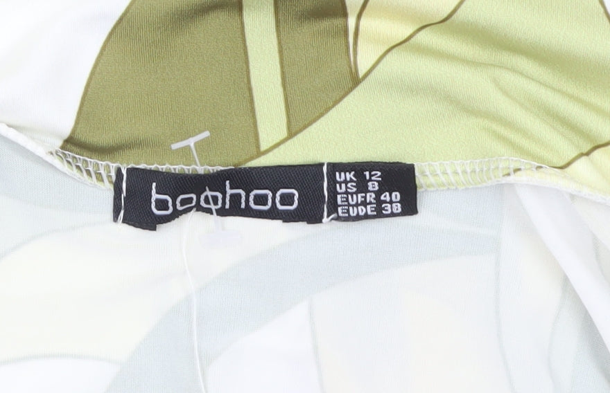 Boohoo Women's Green Geometric Cropped Tie Blouse UK 12
