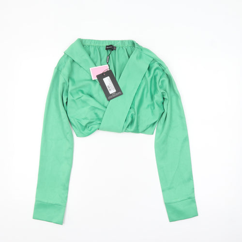 PrettyLittleThing Women’s Green Cropped Long Sleeve V-Neck Blouse UK 4